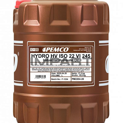 Масло гидравлическое PEMCO Hydro HV ISO 22 вязк.245 (20 литров)
